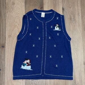 Blair Blue Snowman Embroidered sweater Vest winter Christmas size large